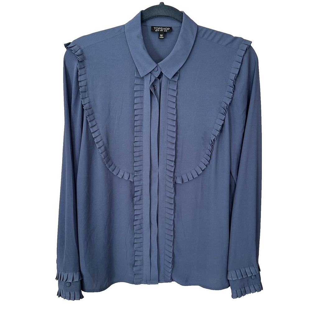 Topshop Steel Blue French Blouse Accordion Pleats Button Up Women's 8